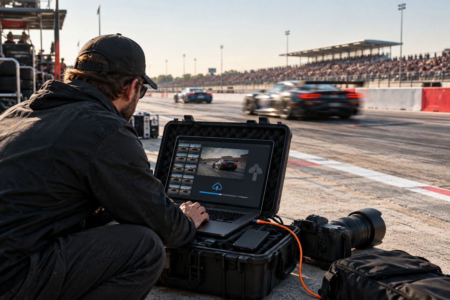Photographer uploading race photos trackside from a pit lane setup