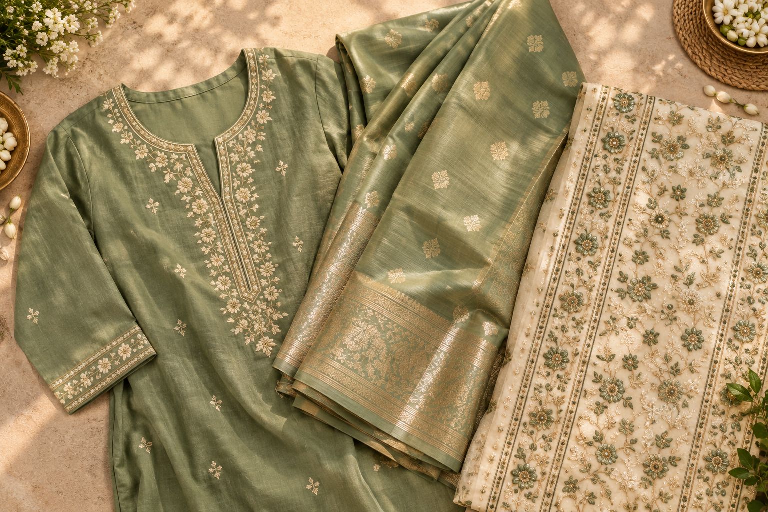 Coordinating Indian garments with different textures and levels of embroidery