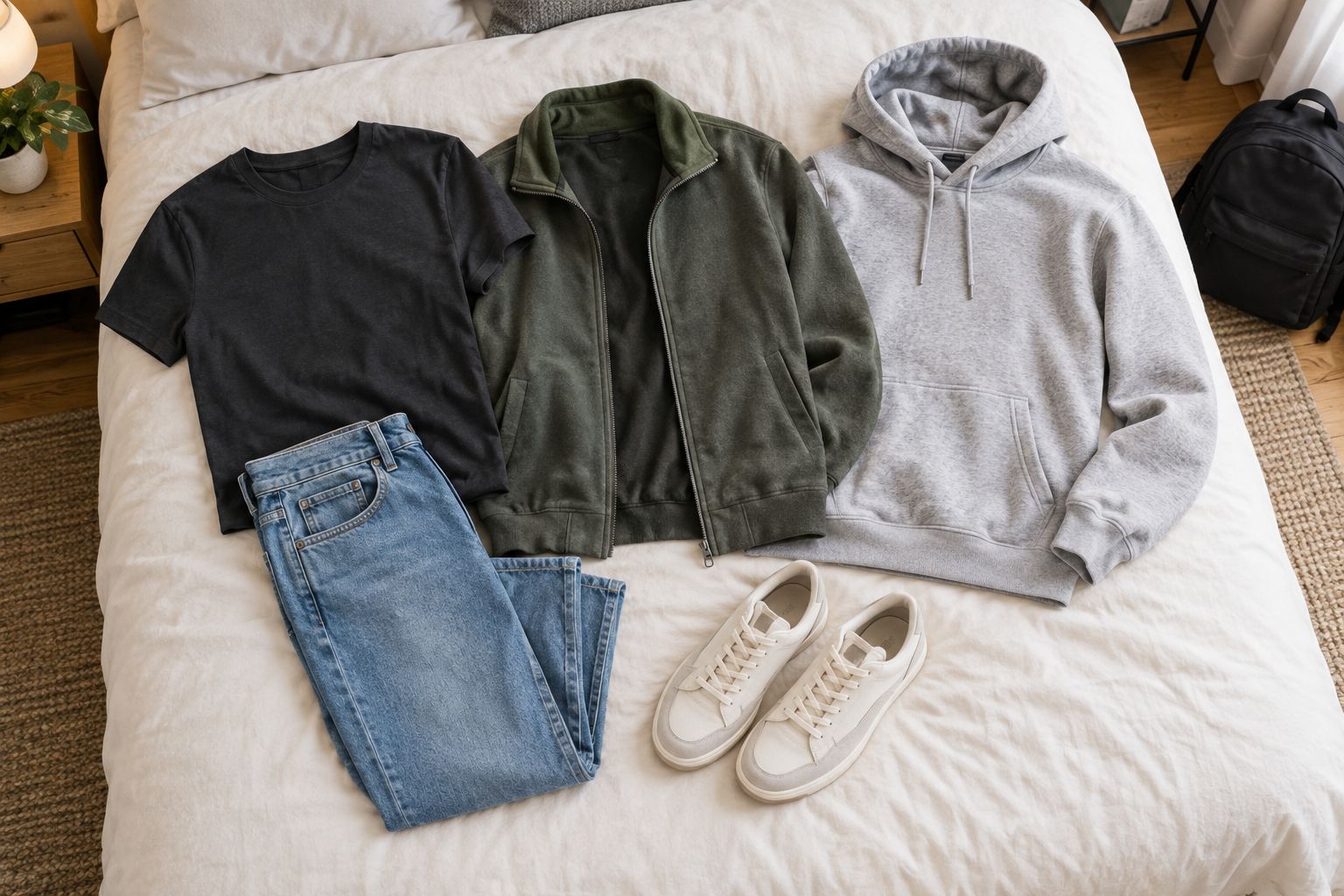 A tee, zip-front layer, and pullover hoodie beside jeans and sneakers