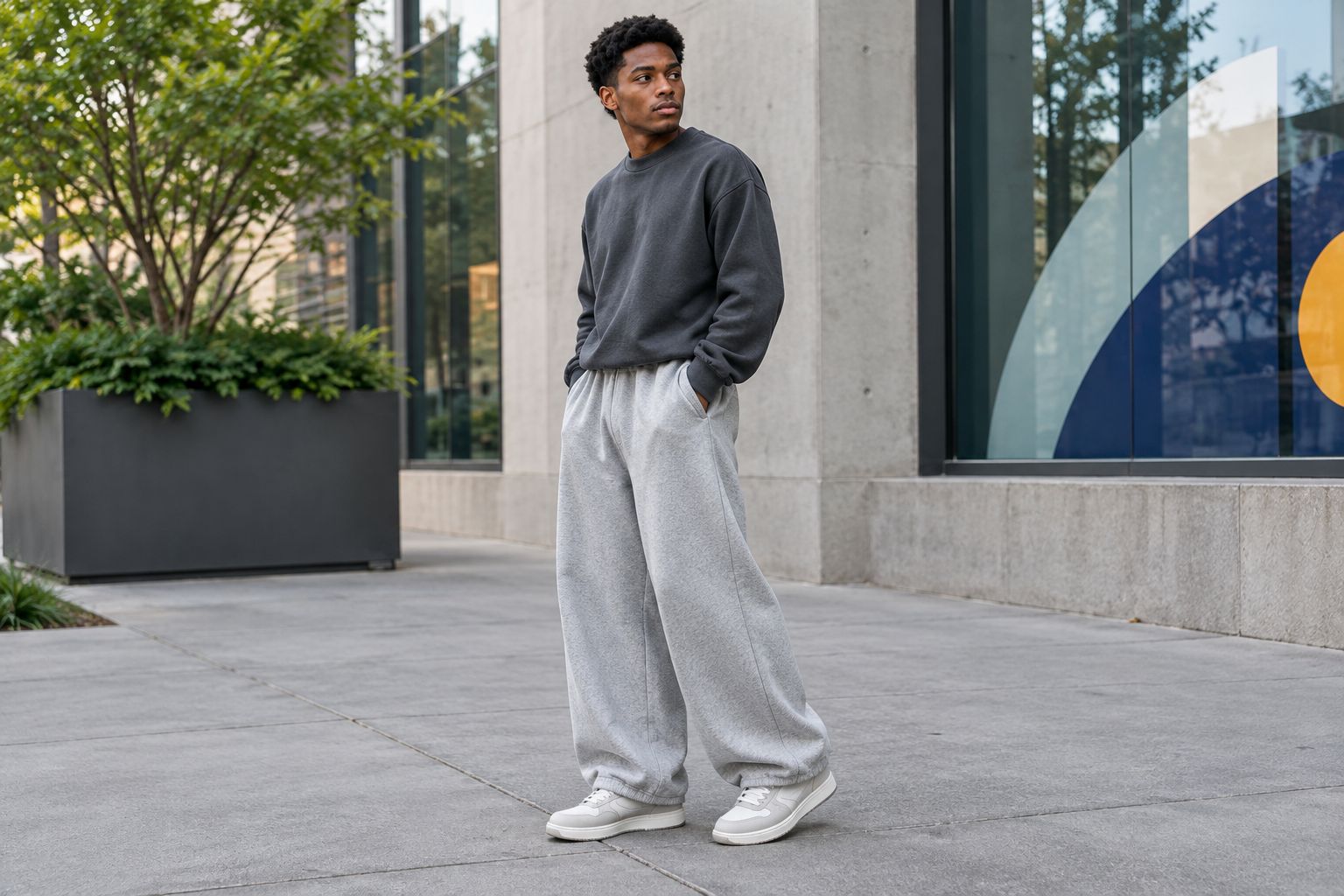 Wide-leg sweatpants with a shorter sweatshirt and hems clear of the sneaker soles