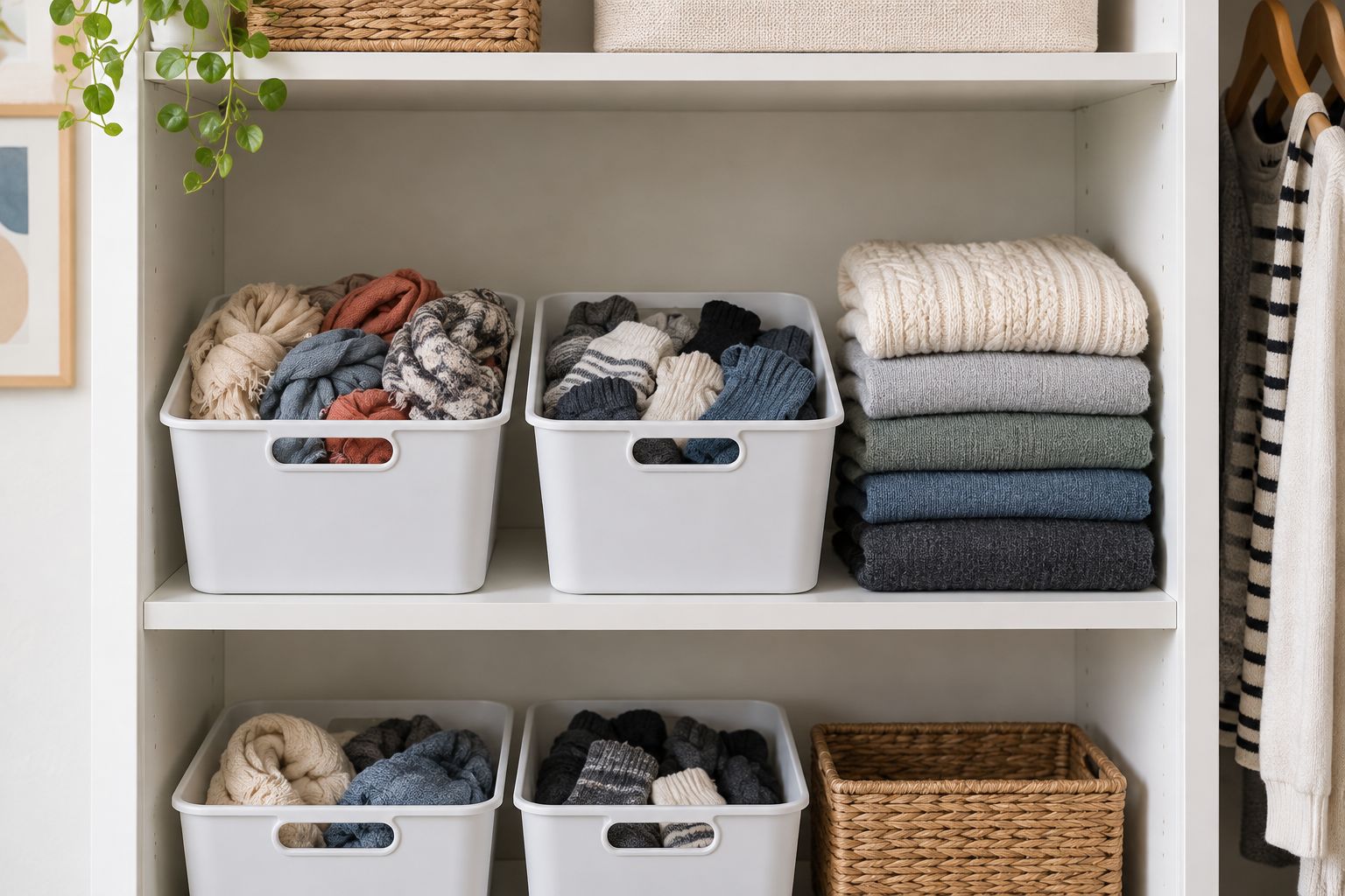 Closet shelf with open bins for scarves and socks beside folded sweaters