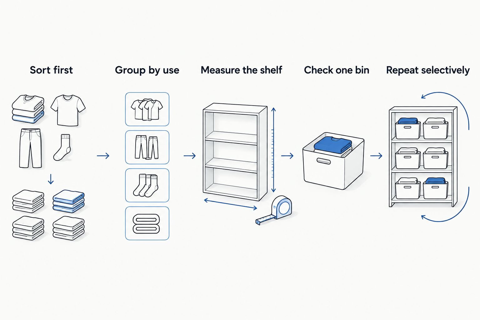 Five steps for organizing a closet, from sorting belongings to adding bins selectively
