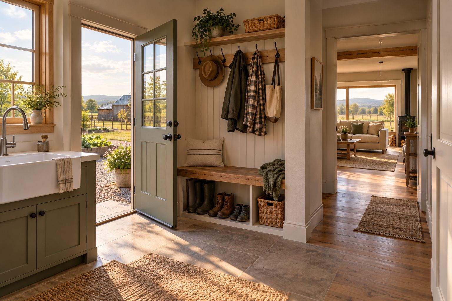 Rural service entrance with boot storage, coat hooks, a laundry sink and a clear passage indoors.