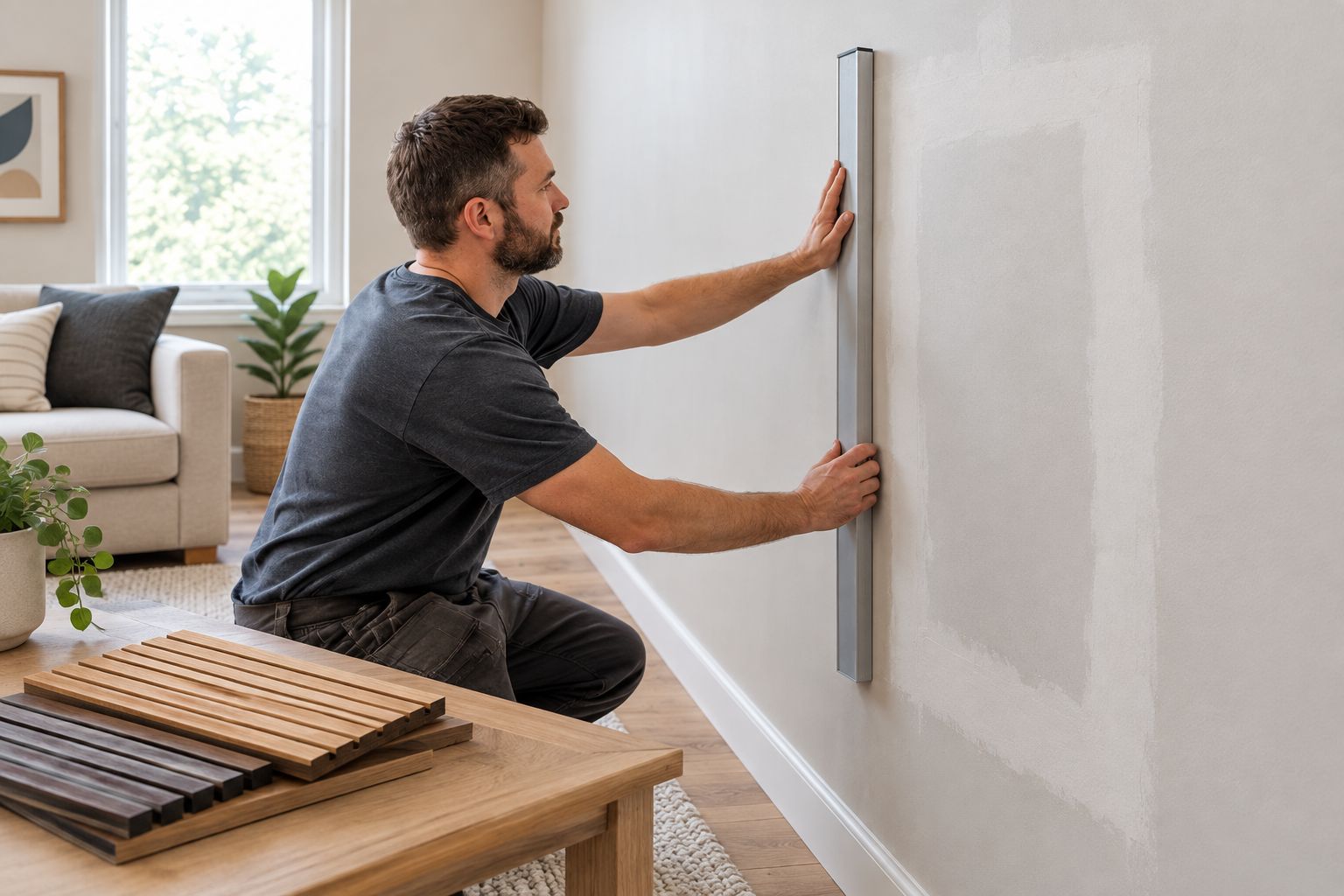 Homeowner checking a repaired drywall surface before choosing wood wall panels