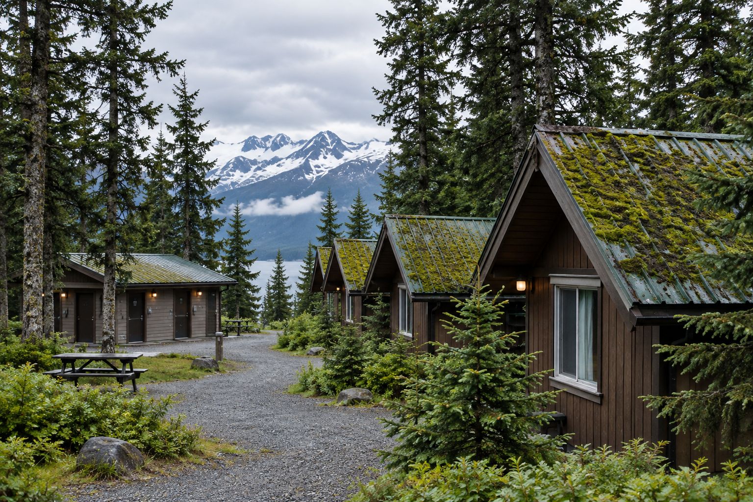 Campground cabin and bathhouse roofs with moss patches under spruce canopy