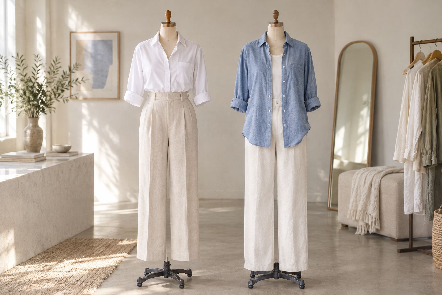 A neatly tucked button-up beside a loose shirt layered over a plain top