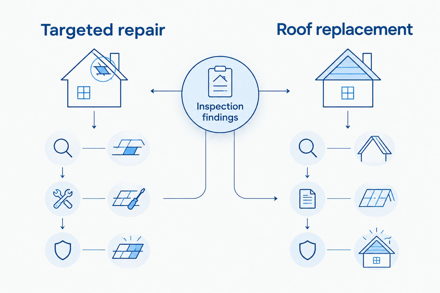 Diagram showing how inspection findings guide a targeted repair or roof replacement
