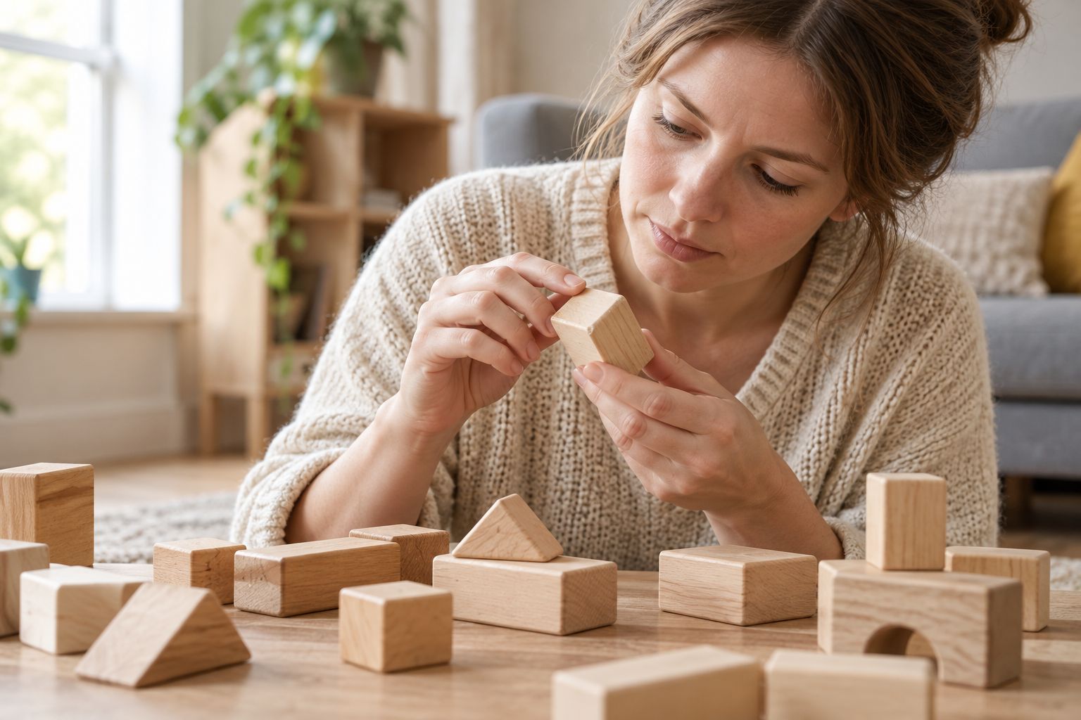 A parent checking the edges of a wooden building block