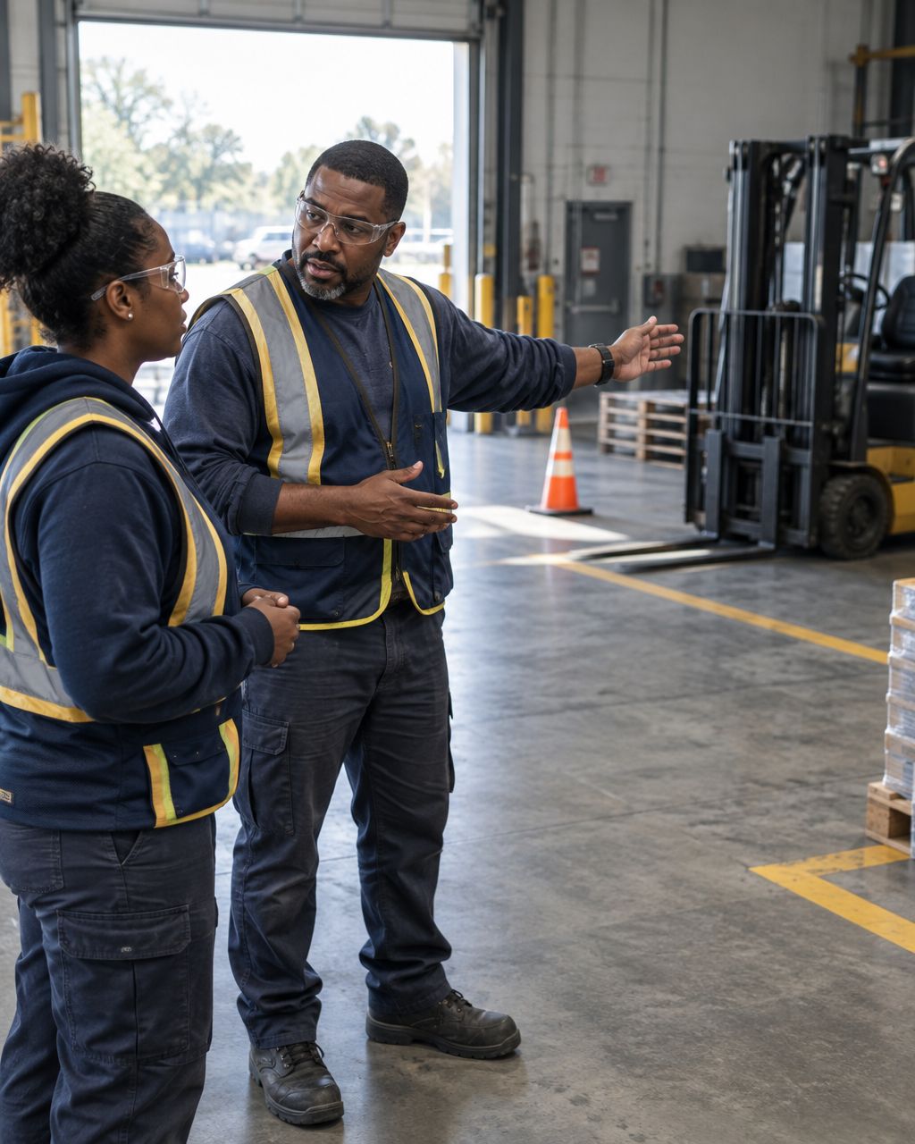 Illustrative photo of African American warehouse workers reviewing a safe forklift route