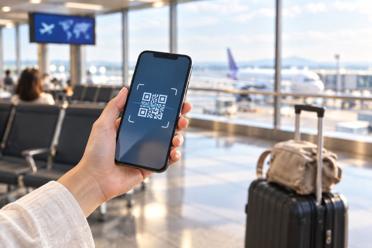 Traveler scanning a QR code to activate an eSIM at the airport