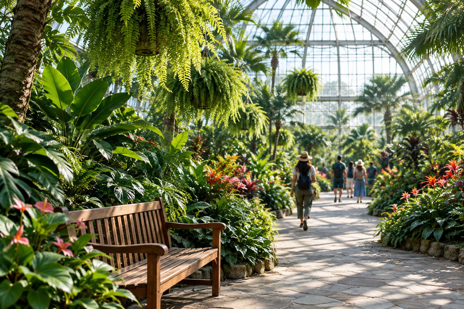 Glass conservatory path inside a botanical garden