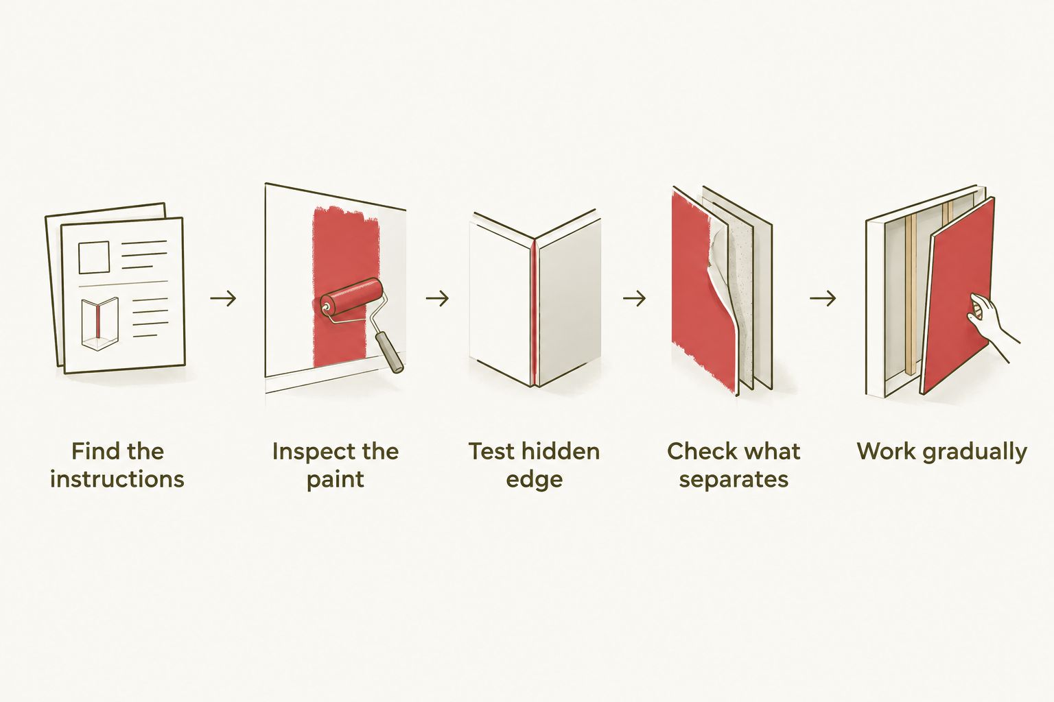 Removal sequence from checking instructions to testing an edge and supporting the panel