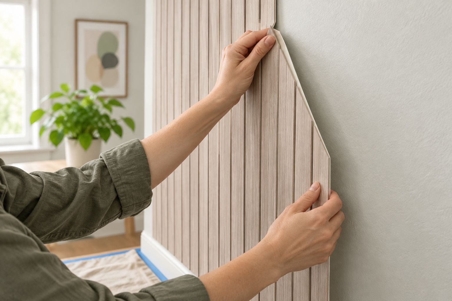 Hands supporting a decorative wall panel while testing a small corner for removal