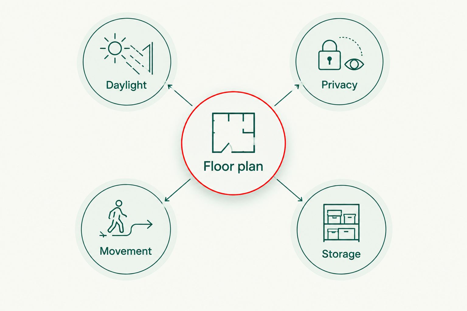 Floor plan connected to daylight, privacy, movement and storage checks
