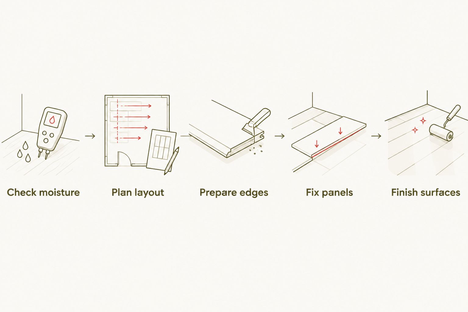 MDF paneling preparation sequence from checking moisture to finishing surfaces