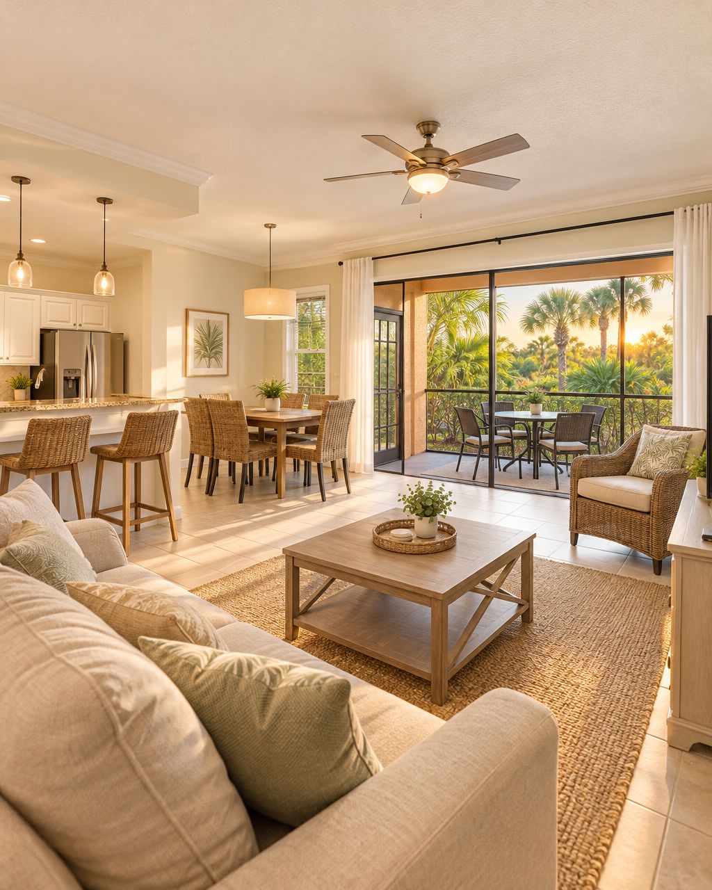 Illustrative vacation condo with kitchen, living space and a screened patio; not a photograph of a specific Palm Hosts rental.