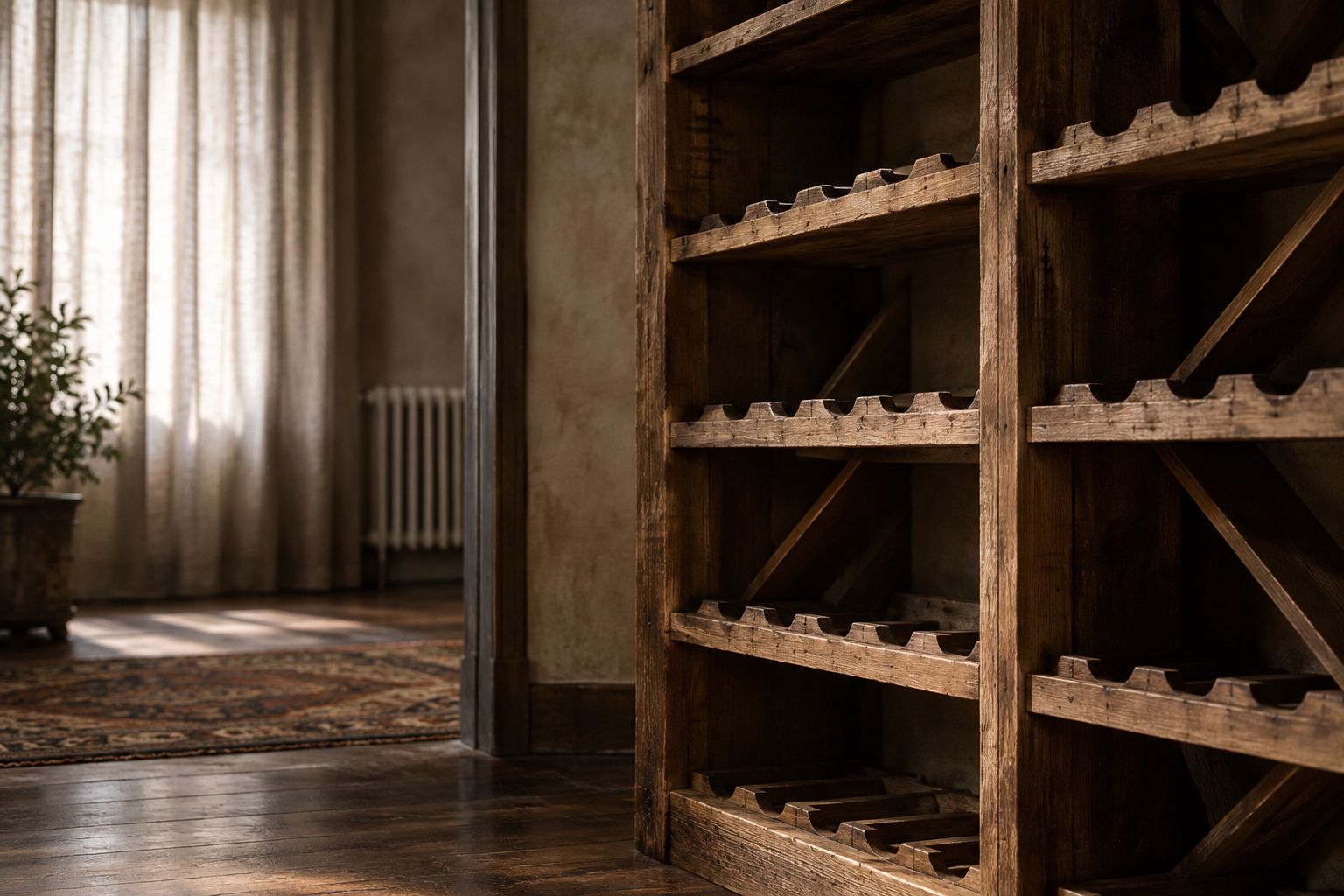 Empty shaded storage shelves away from sunlight and a distant heat source