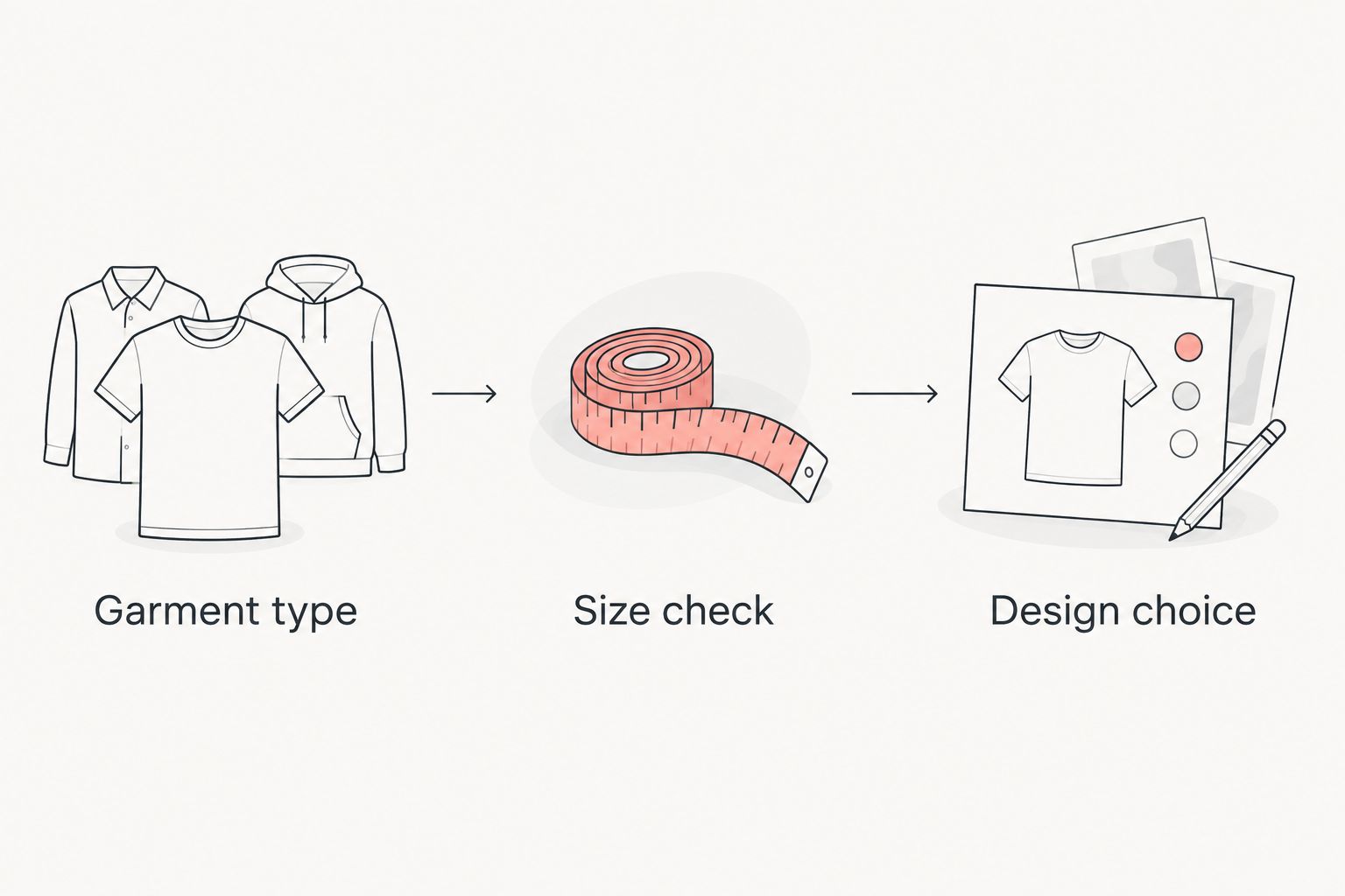 Three steps for choosing children’s apparel: garment type, size check, then design choice.