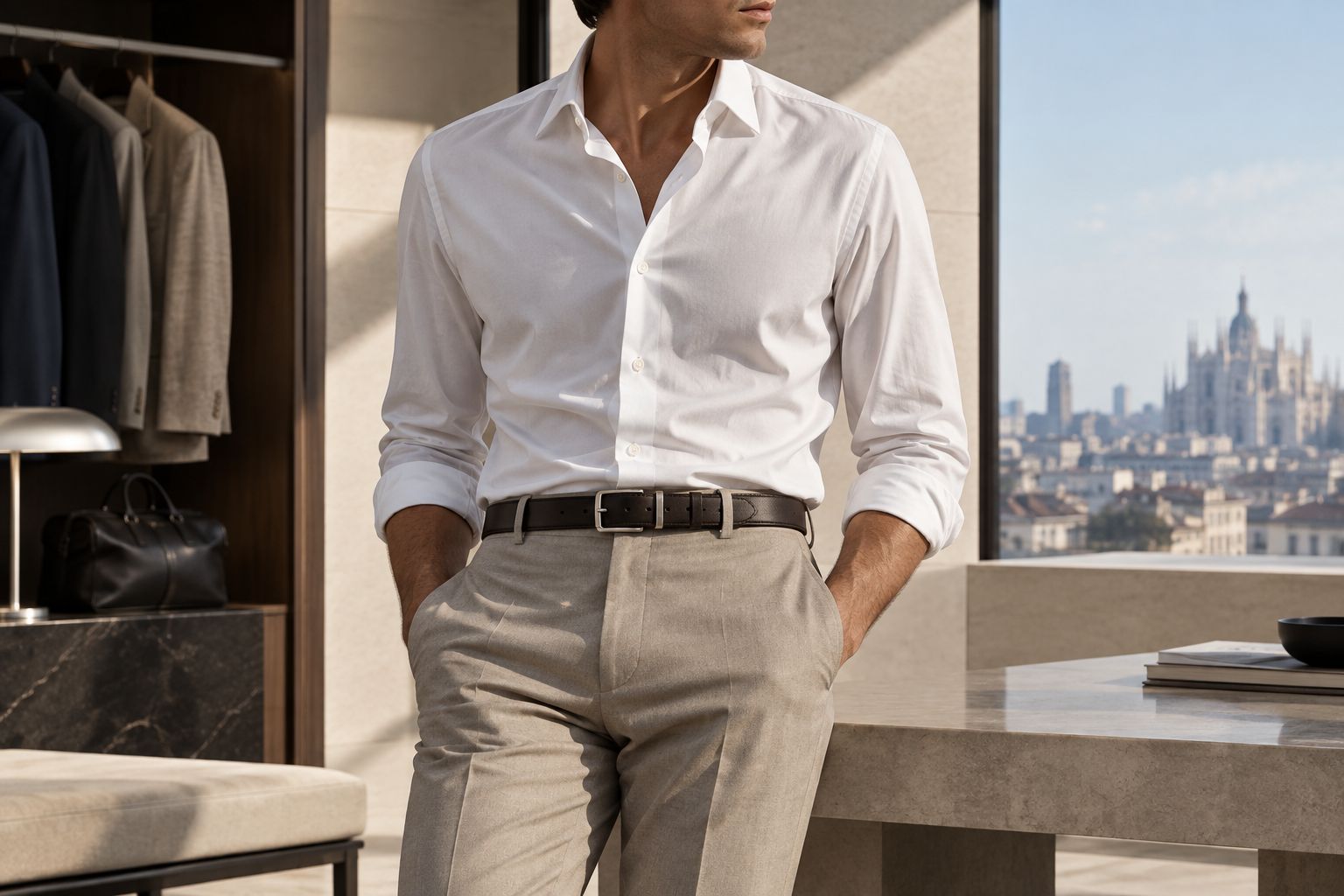 Dark belt worn through tailored trouser loops in a modern dressing room