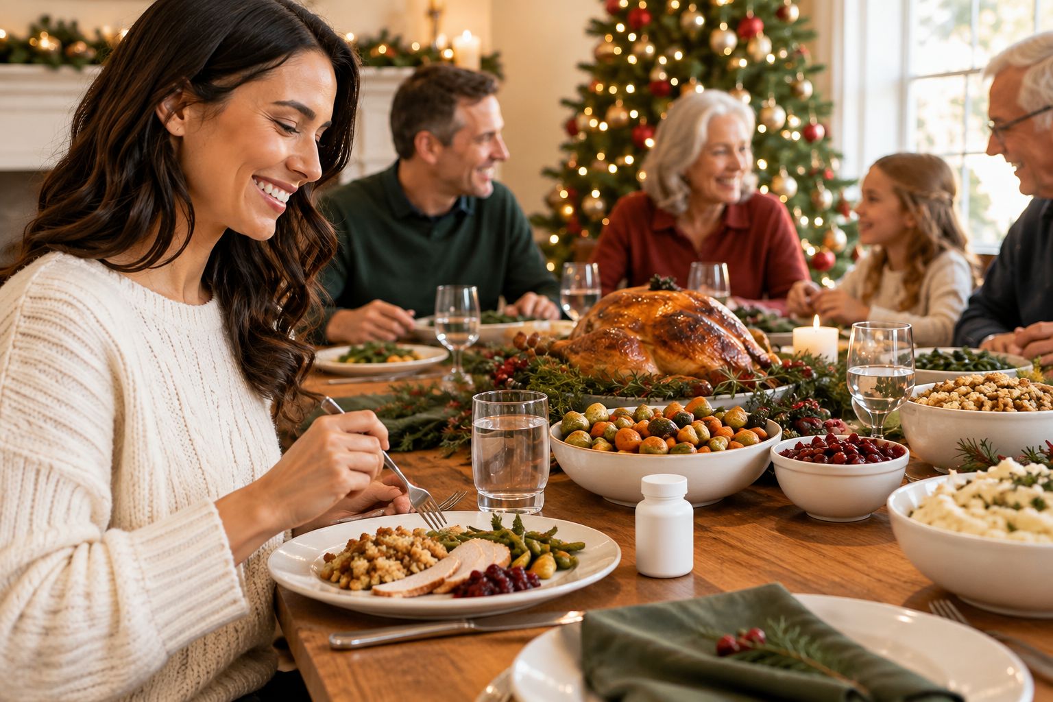 Holiday family dinner table with turkey, sides, and a water glass