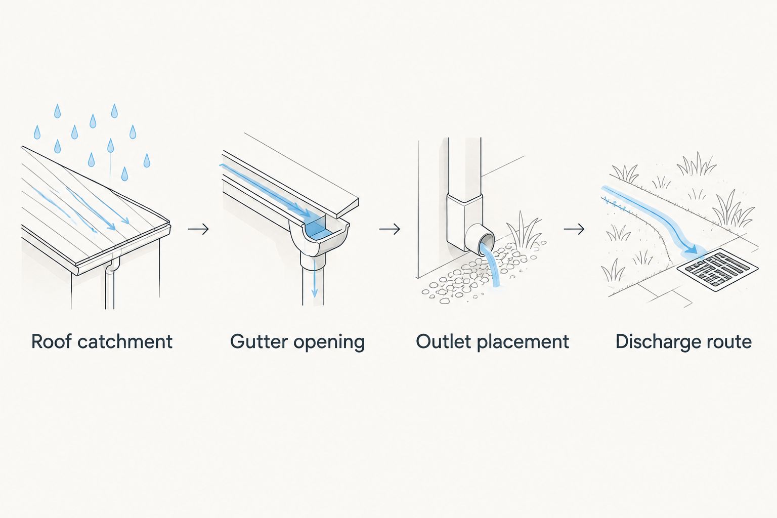Four connected drainage decisions from roof catchment to downspout discharge