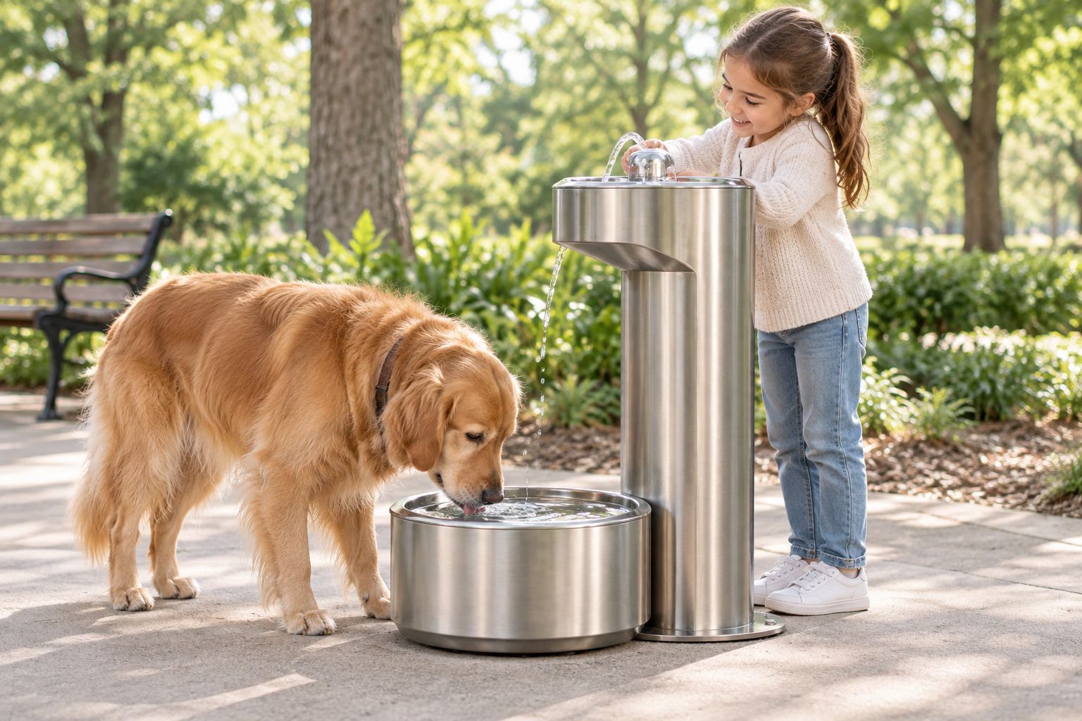 Bi-level pedestal fountain with a pet station in a public park