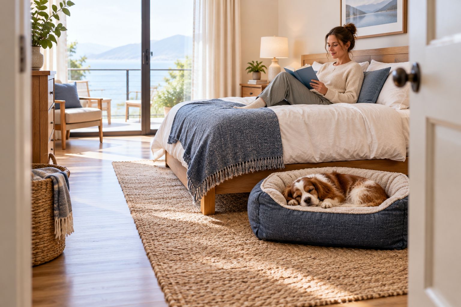 Dog resting beside an owner in a rental bedroom with a clear walking route
