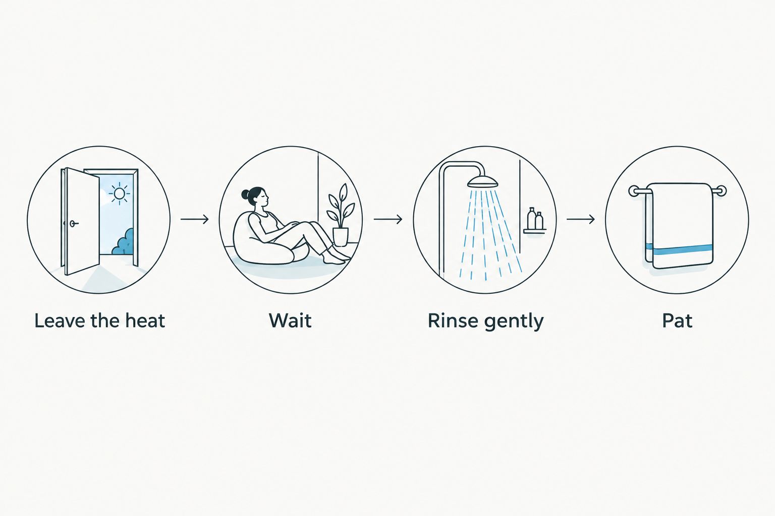 Post-sauna sequence: leave the heat, wait, rinse gently, and pat skin dry.