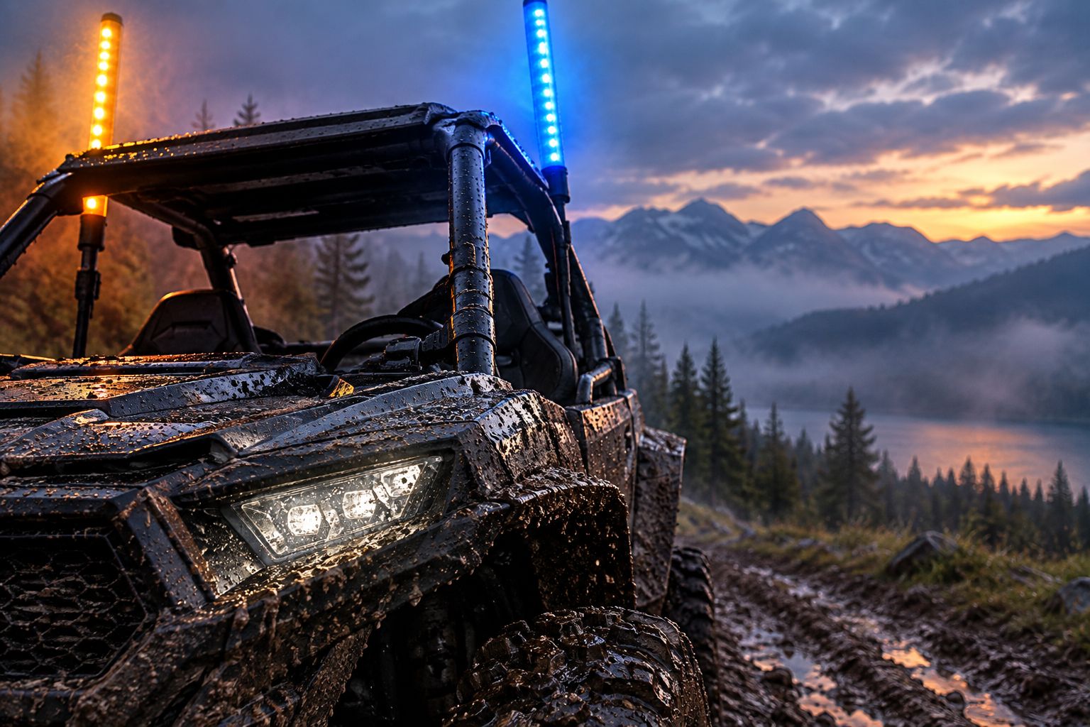 UTV with glowing LED light whips on a muddy trail at dusk