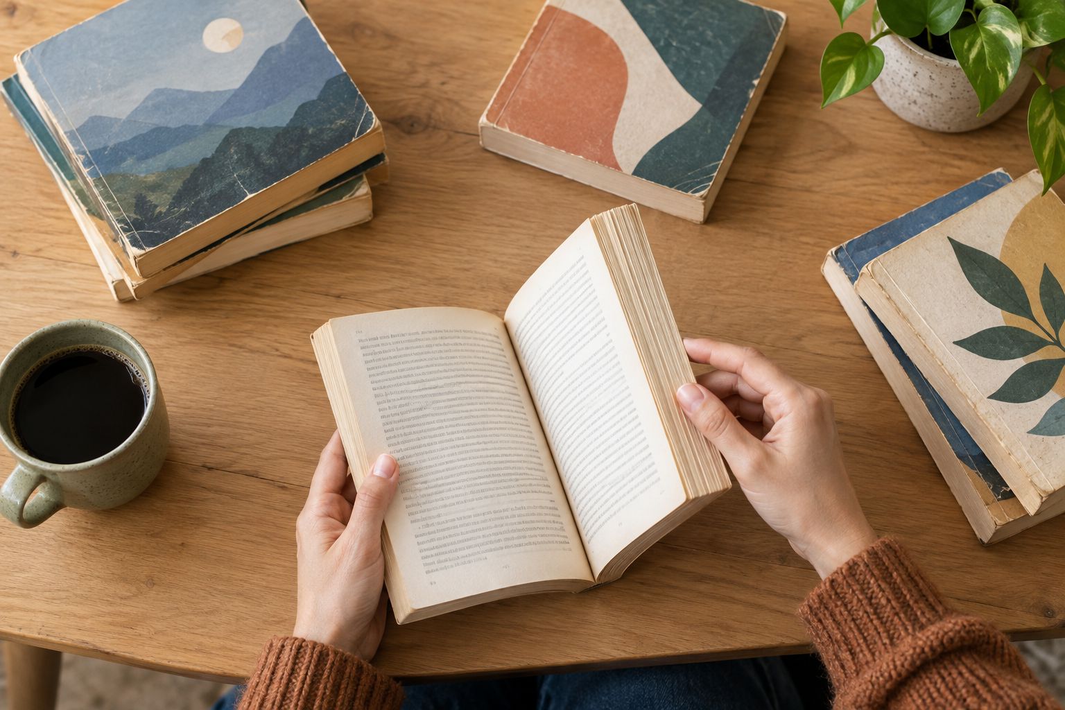 Hands checking the binding and pages of a used paperback beside other physical books