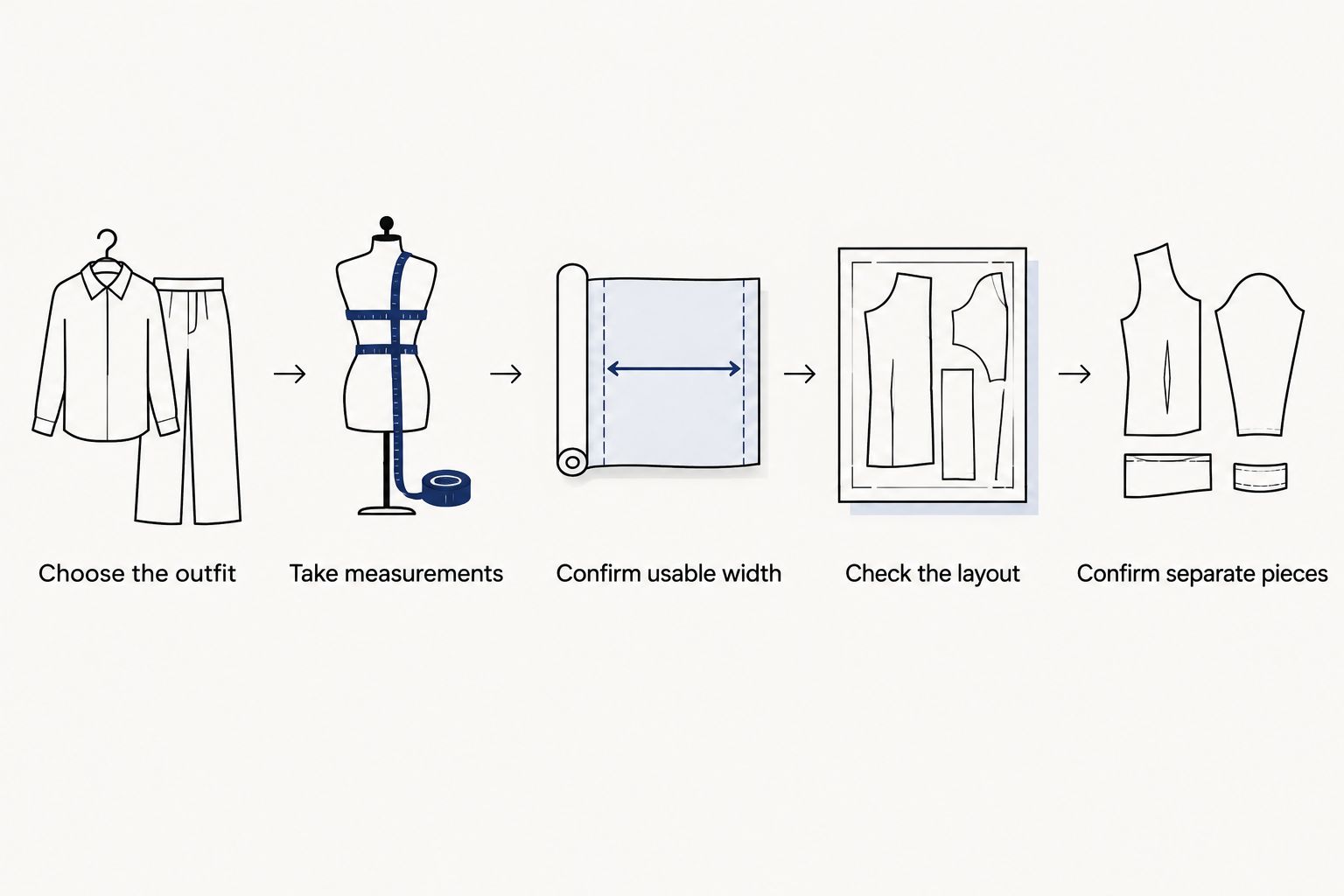 Steps for checking an outfit design, measurements, fabric width, cutting layout and separate pieces