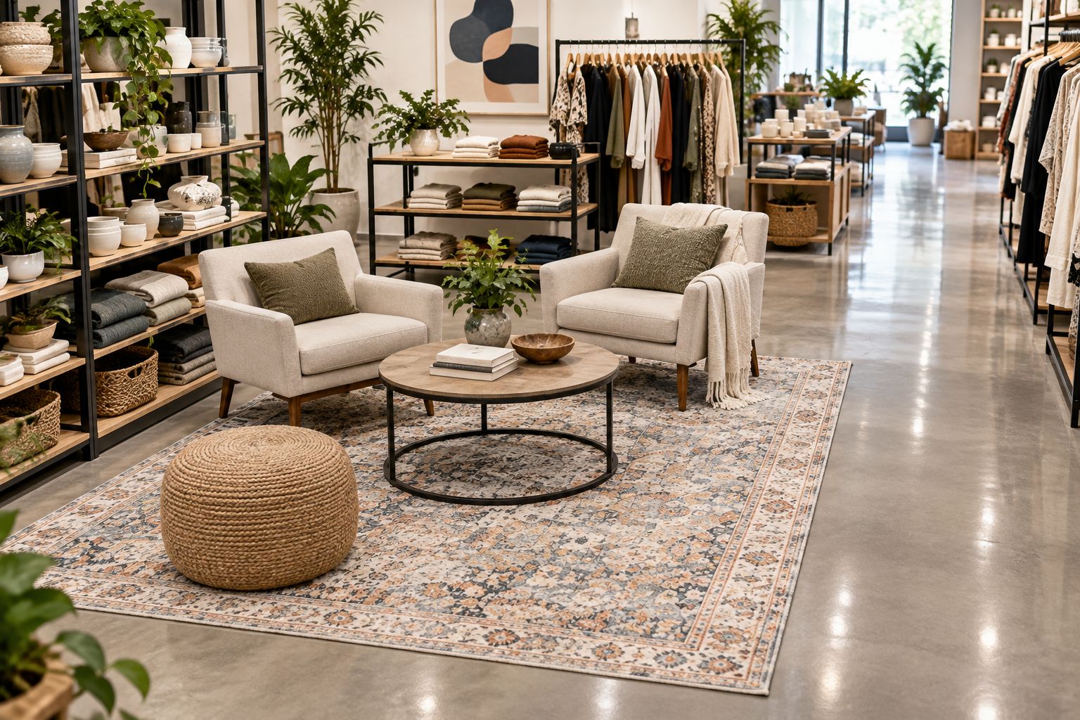 Retail seating group on an area rug beside a clear hard-floor customer aisle