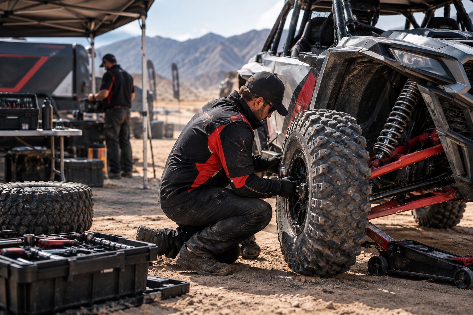 Pit crew member changing a UTV wheel beside an organized tool tray