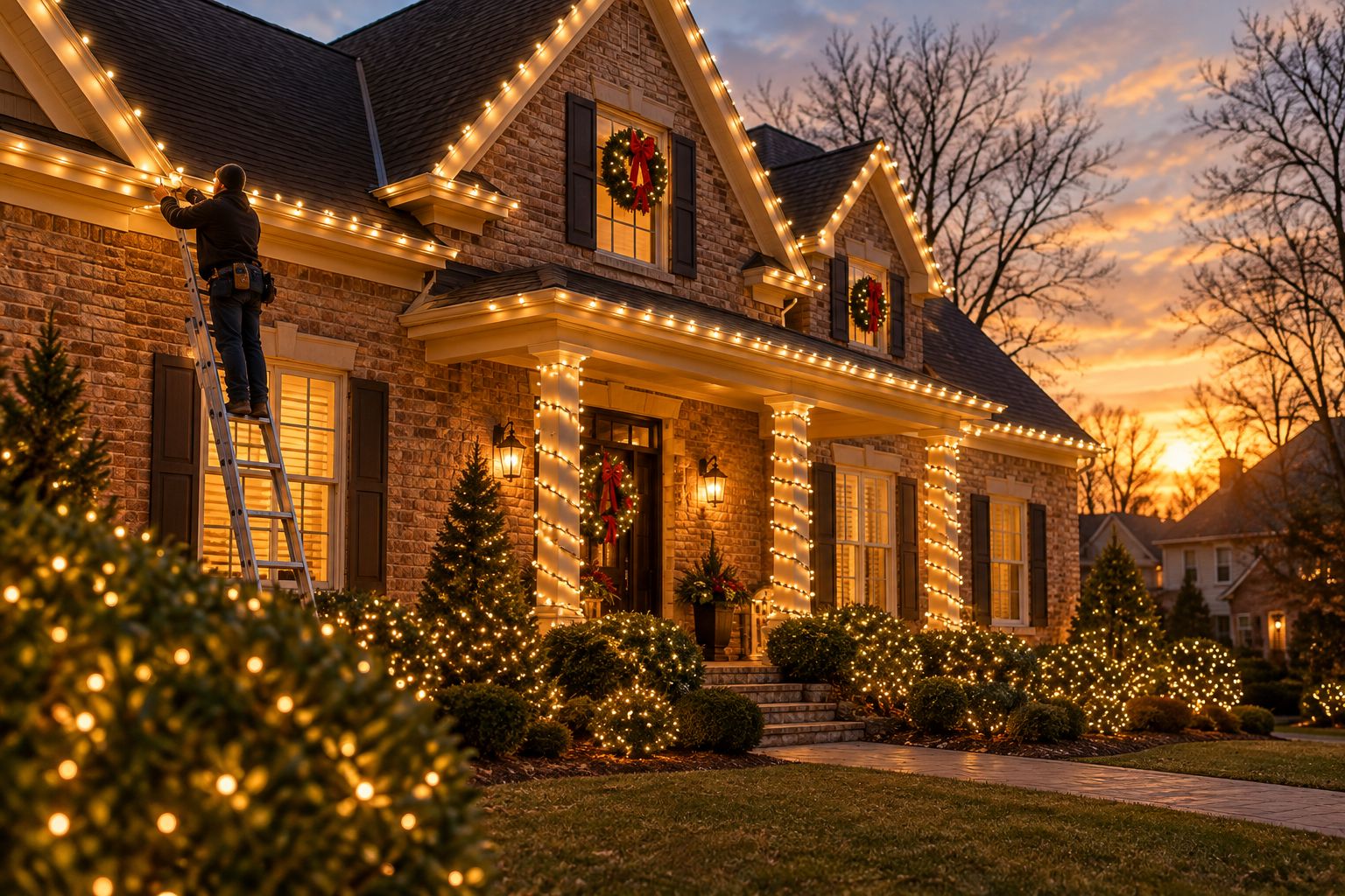 Roofline and columns wrapped in warm white LED Christmas lights at dusk