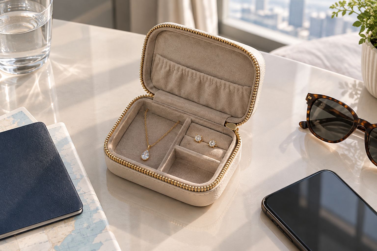 A necklace and earrings stored separately in a compact organizer on a hotel desk