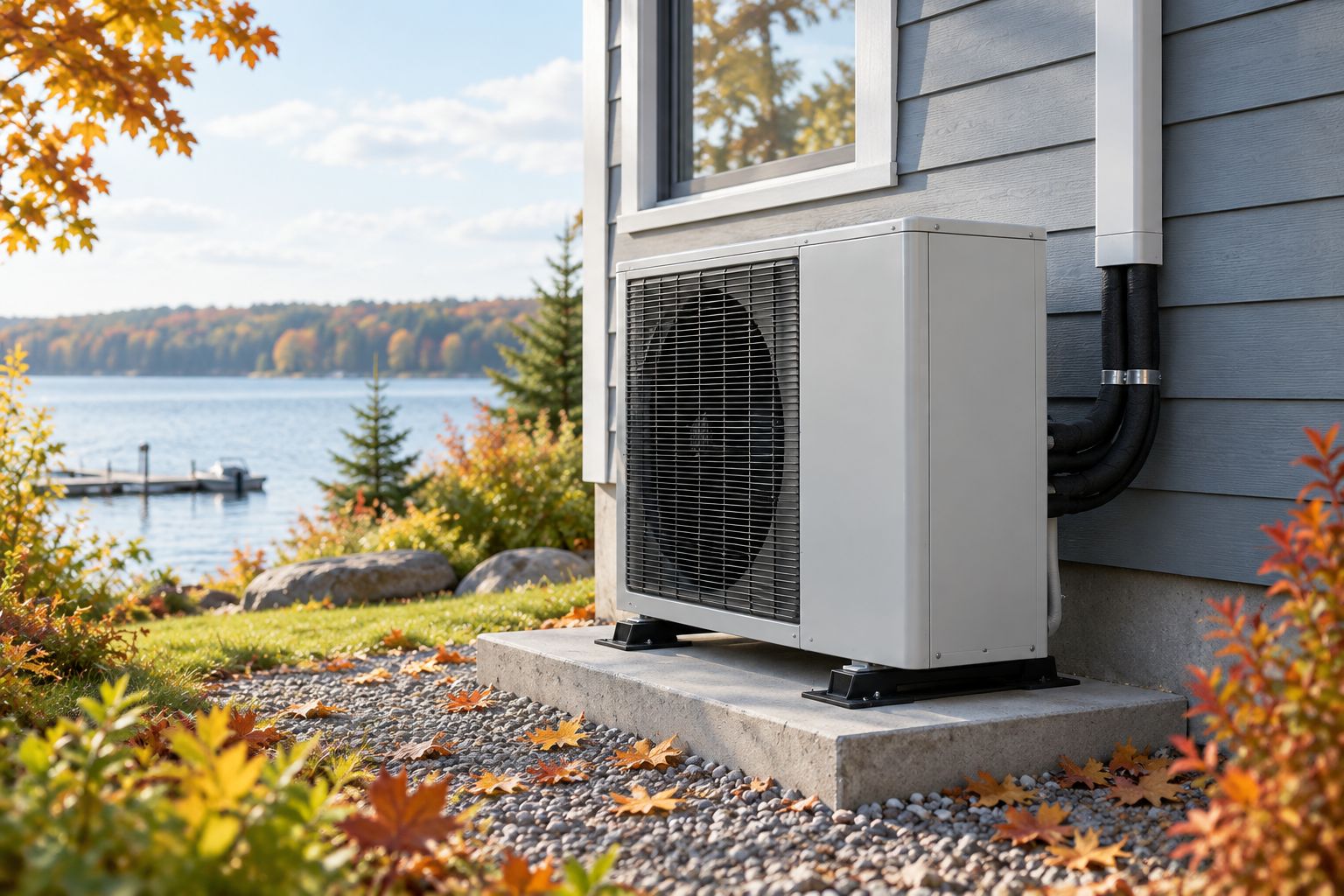 Outdoor heat pump condenser unit installed beside a house
