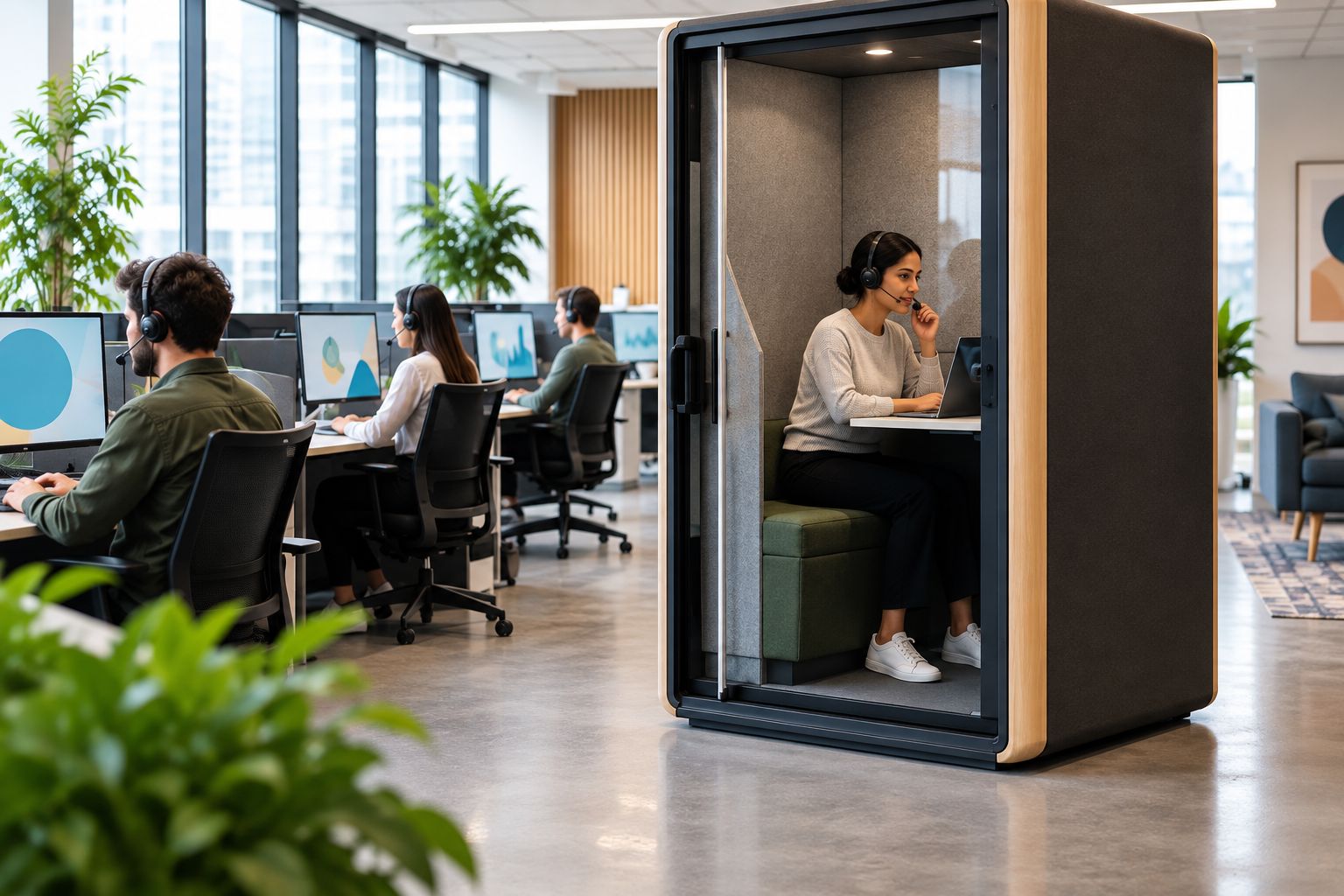 An enclosed phone booth beside a shared call centre workspace