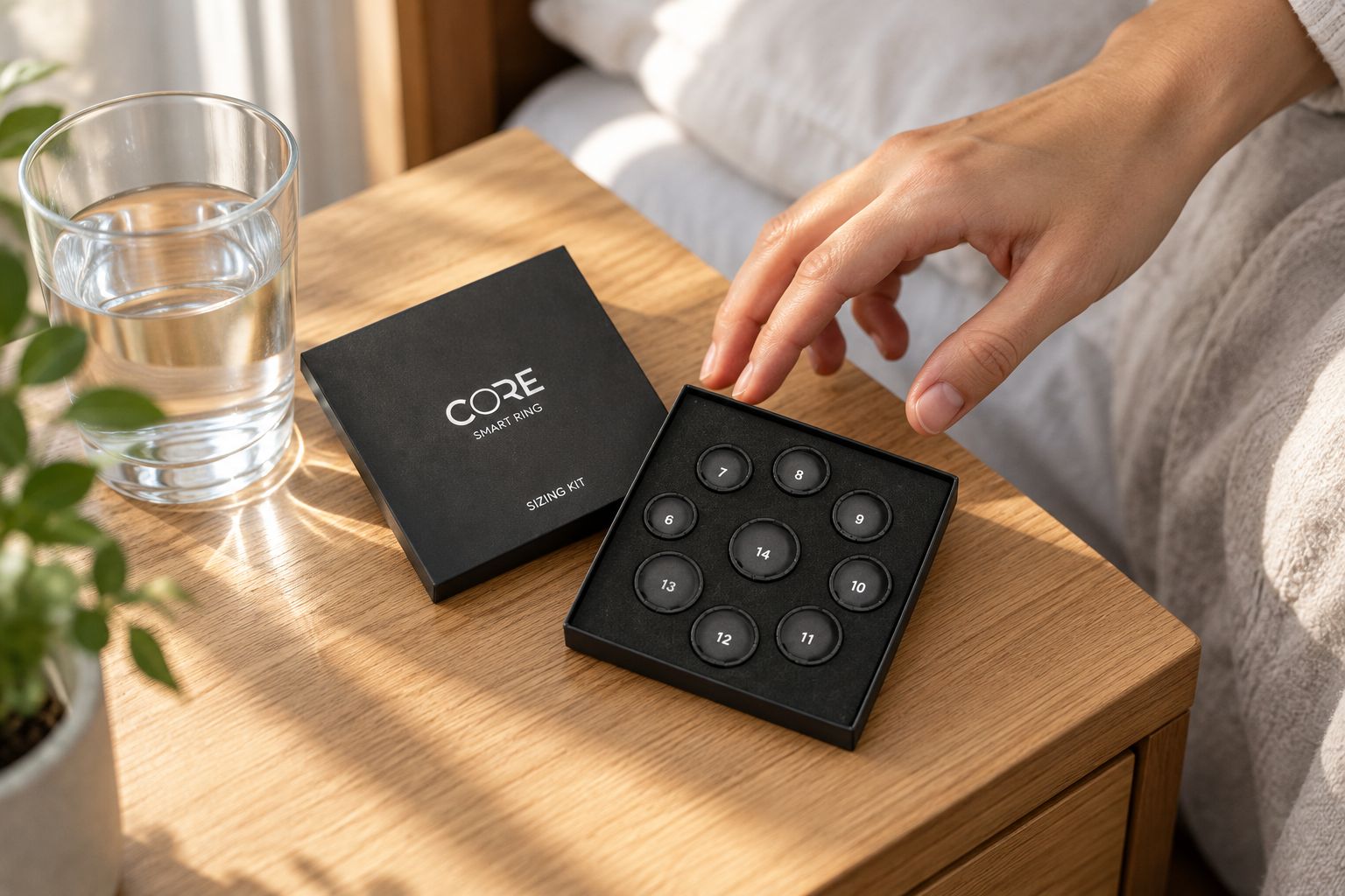 Ring sizing kit beside a hand on a bedside table