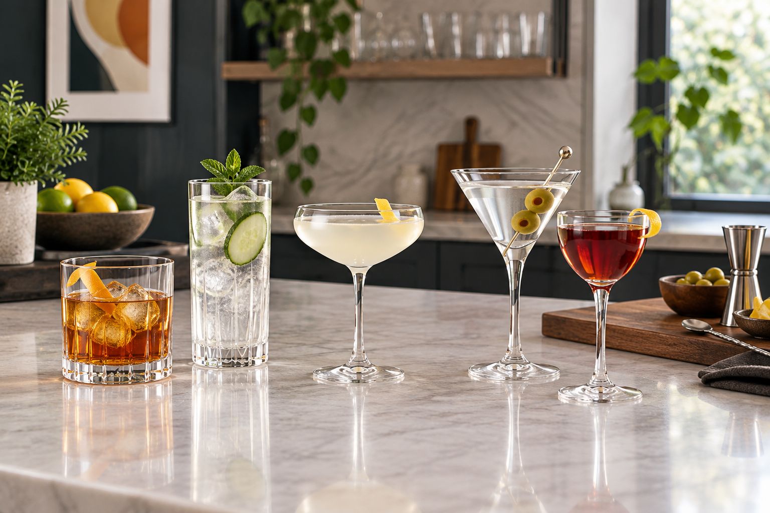 Different rocks, highball, coupe, martini, and Nick & Nora glass shapes on a home bar counter