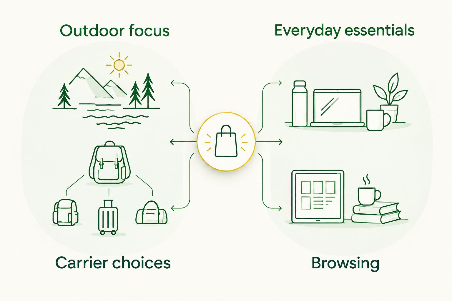 Two-column diagram contrasting outdoor gear priorities with broader pet-shopping priorities