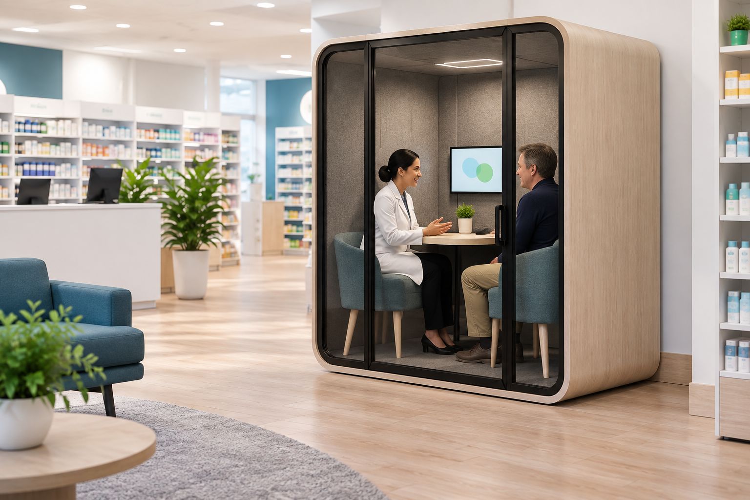 Two adults discussing inside a generic enclosed booth in a pharmacy consultation area