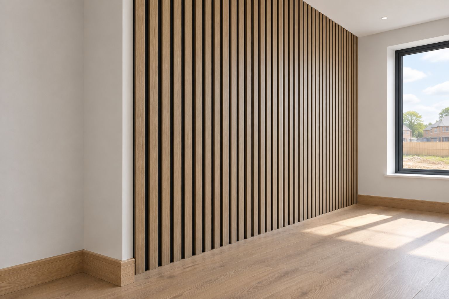 Acoustic slat feature wall viewed beside a painted wall and timber skirting