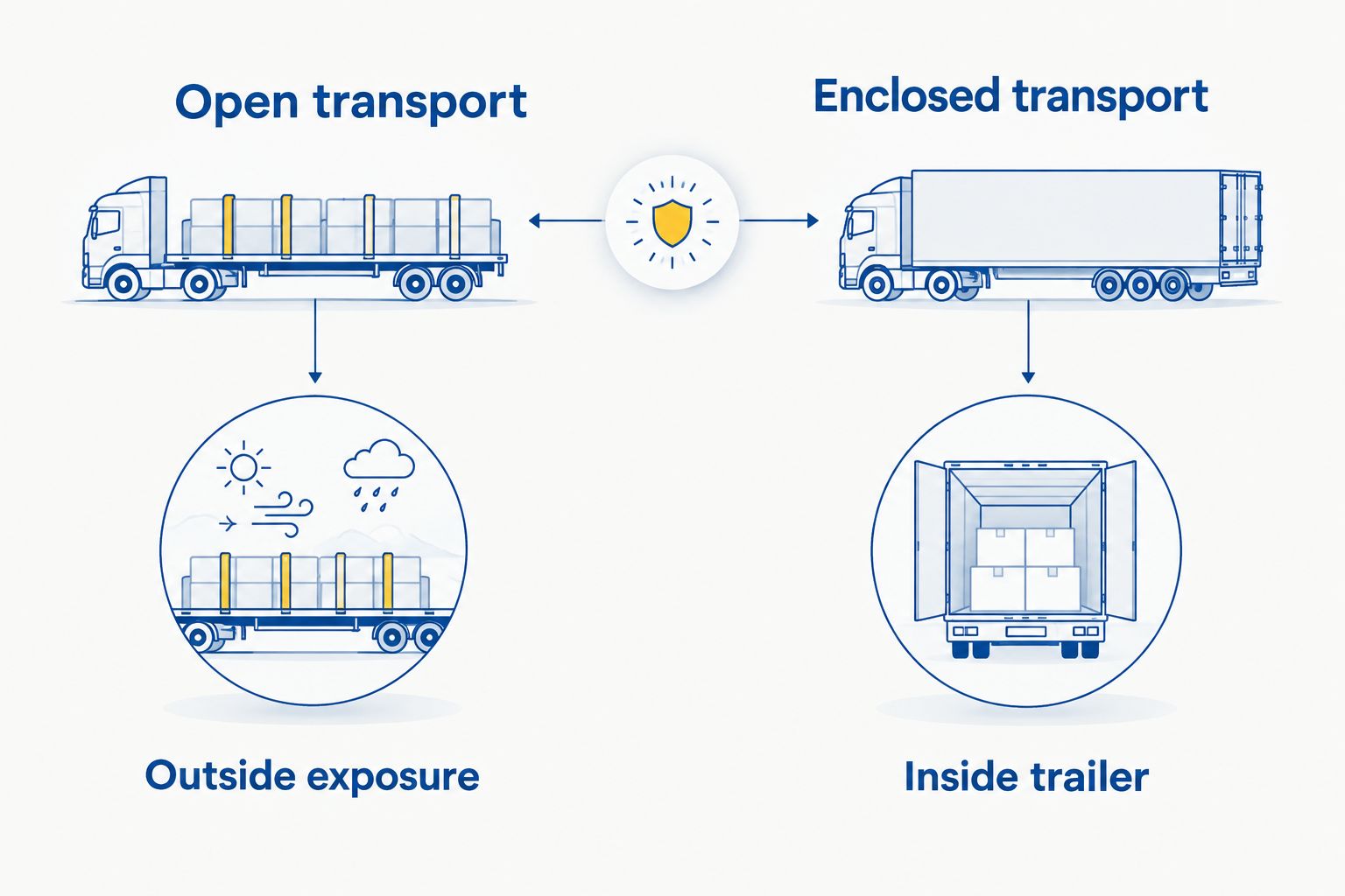 Two-column comparison of open transport and enclosed transport