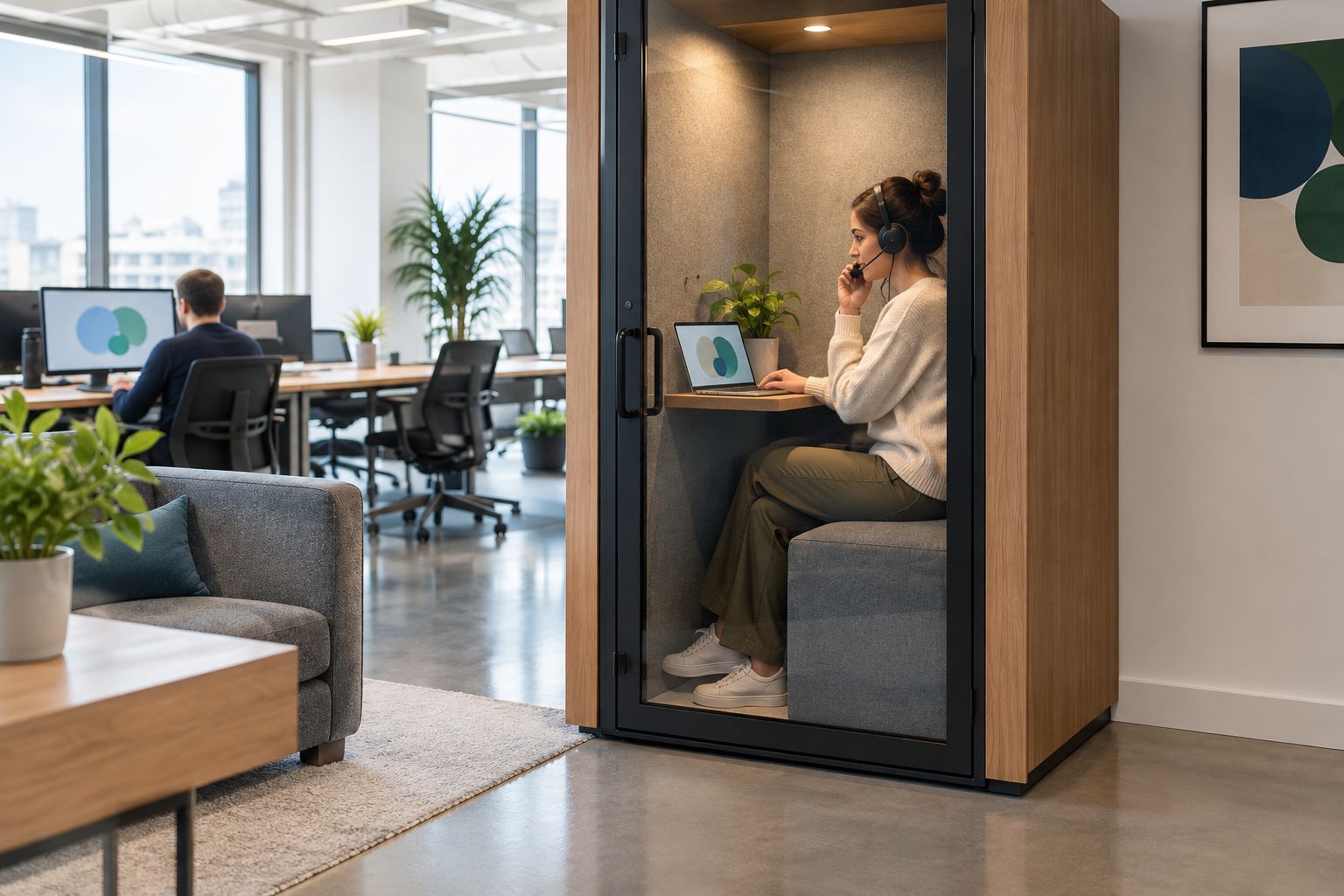 An individual taking a call in an enclosed booth beside a shared office area