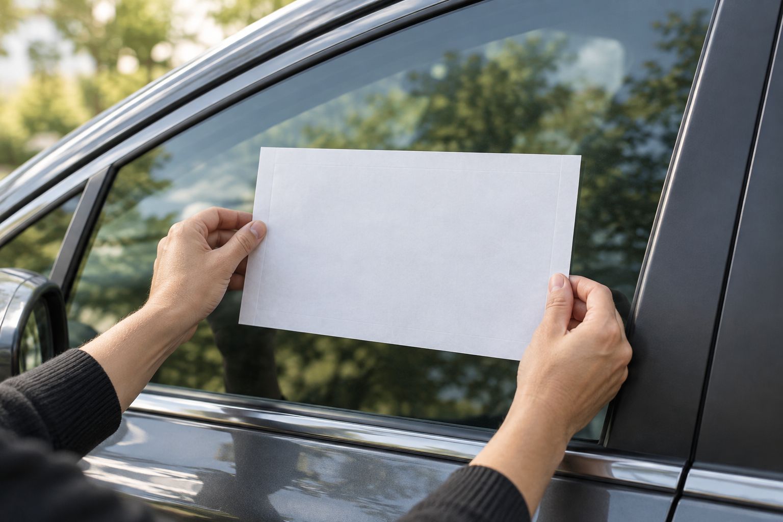 Hands checking a blank paper placement template against a parked vehicle window