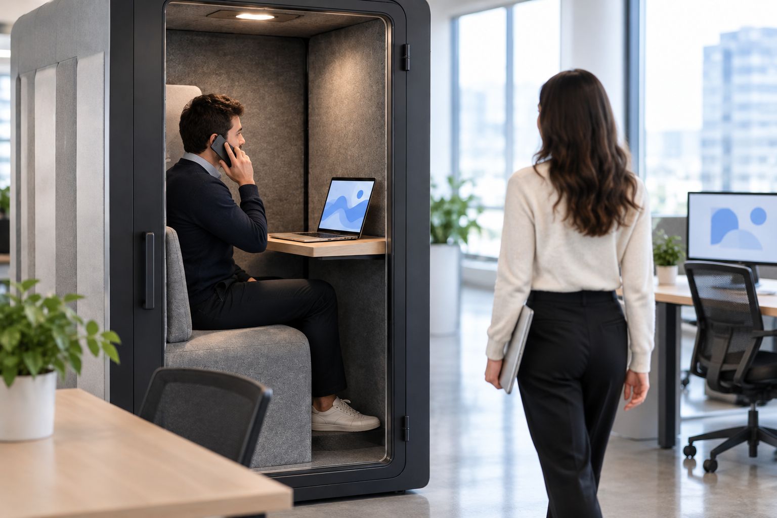 A person taking a call in an unbranded office phone booth beside an open-plan workspace