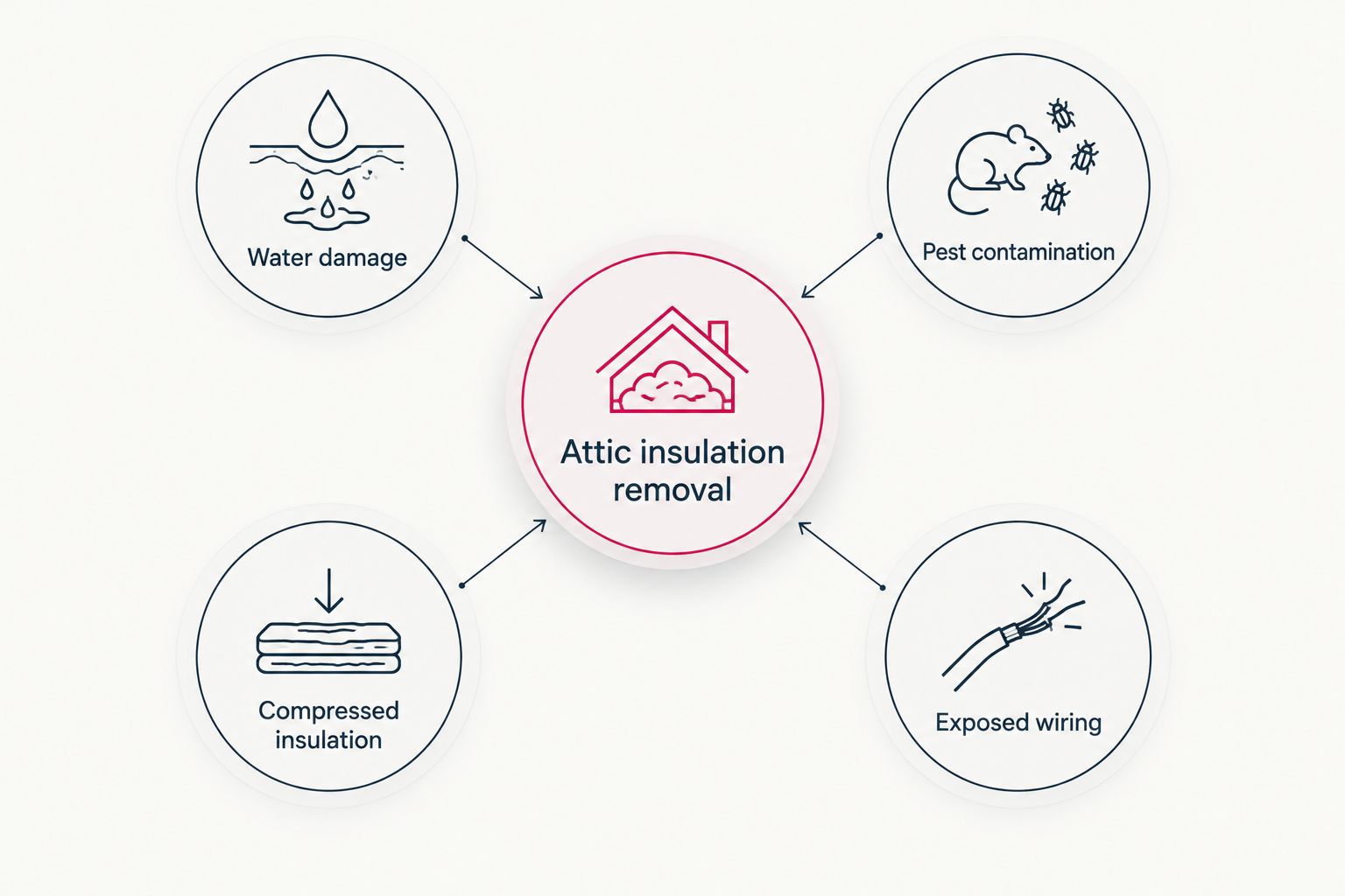 Diagram showing four common reasons attic insulation needs removal