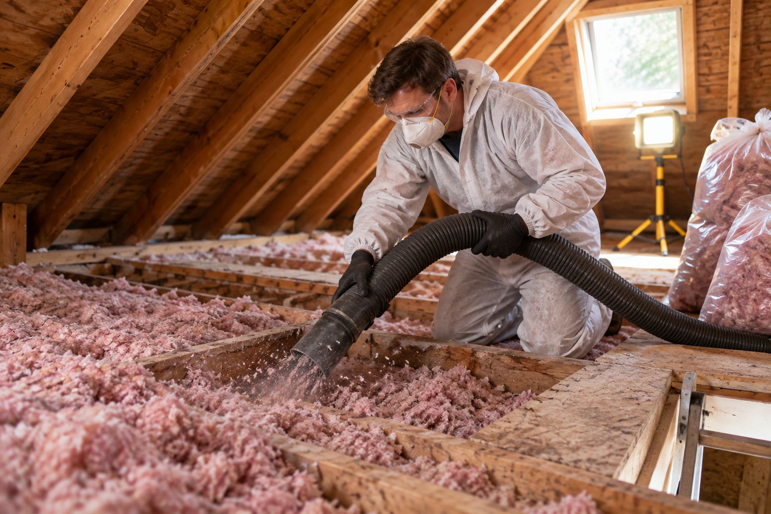 Attic insulation removal in progress with vacuum equipment