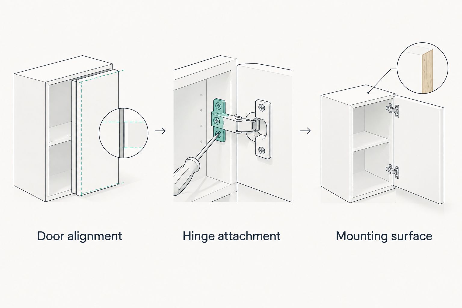 Photo checklist showing door alignment, hinge attachment, and the mounting surface