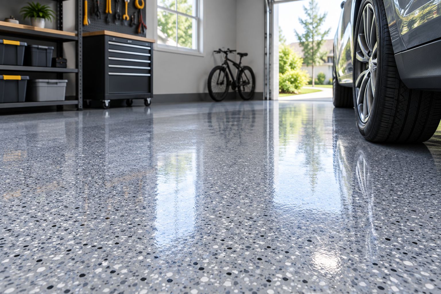 Decorative flake garage floor beneath a clear finish beside a parked vehicle tire